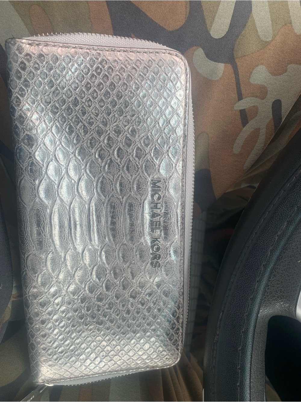 Michael Kors Metallic Silver Snake-Embossed Zip Wallet